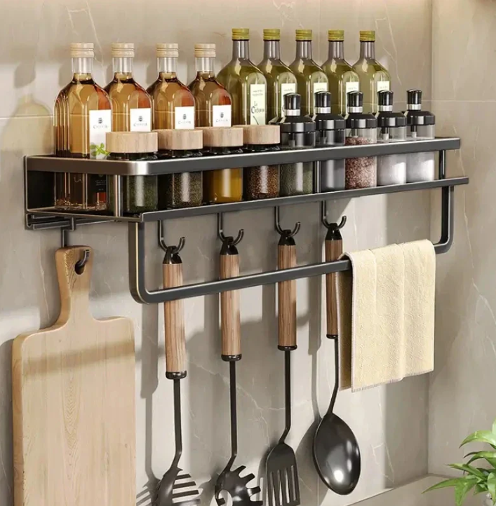 Metal Kitchen Wall Shelf Aluminum Storage Organizer with Hooks and Towel Holder Slim Space-Saving Design