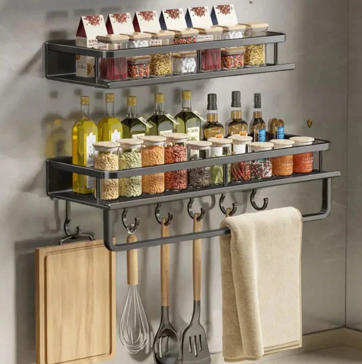 Metal Kitchen Wall Shelf Aluminum Storage Organizer with Hooks and Towel Holder Slim Space-Saving Design