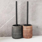 Textured Ceramic Toilet Brush Holder Set with Ribbed Design and Reusable Long-Handle Brush