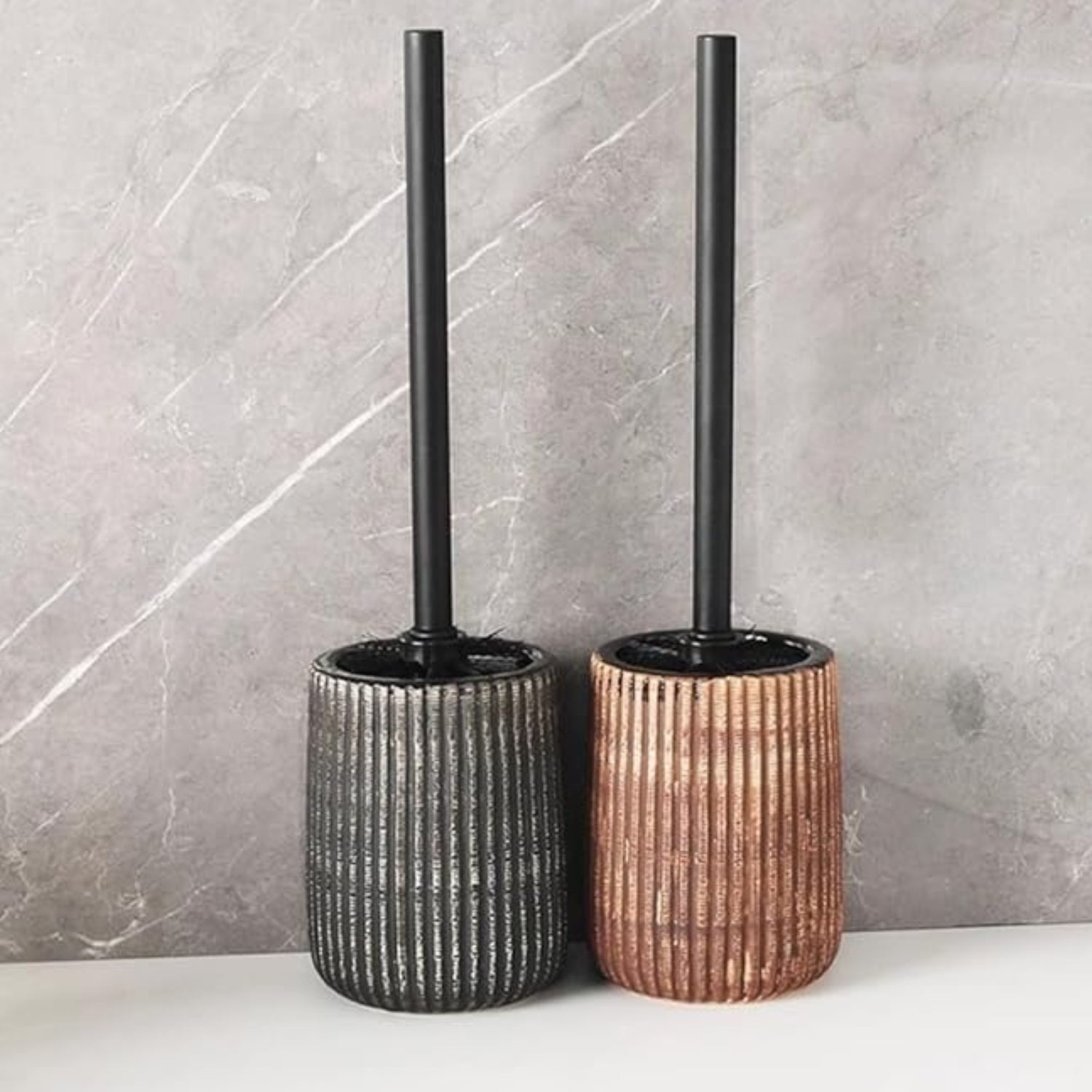 Textured Ceramic Toilet Brush Holder Set with Ribbed Design and Reusable Long-Handle Brush