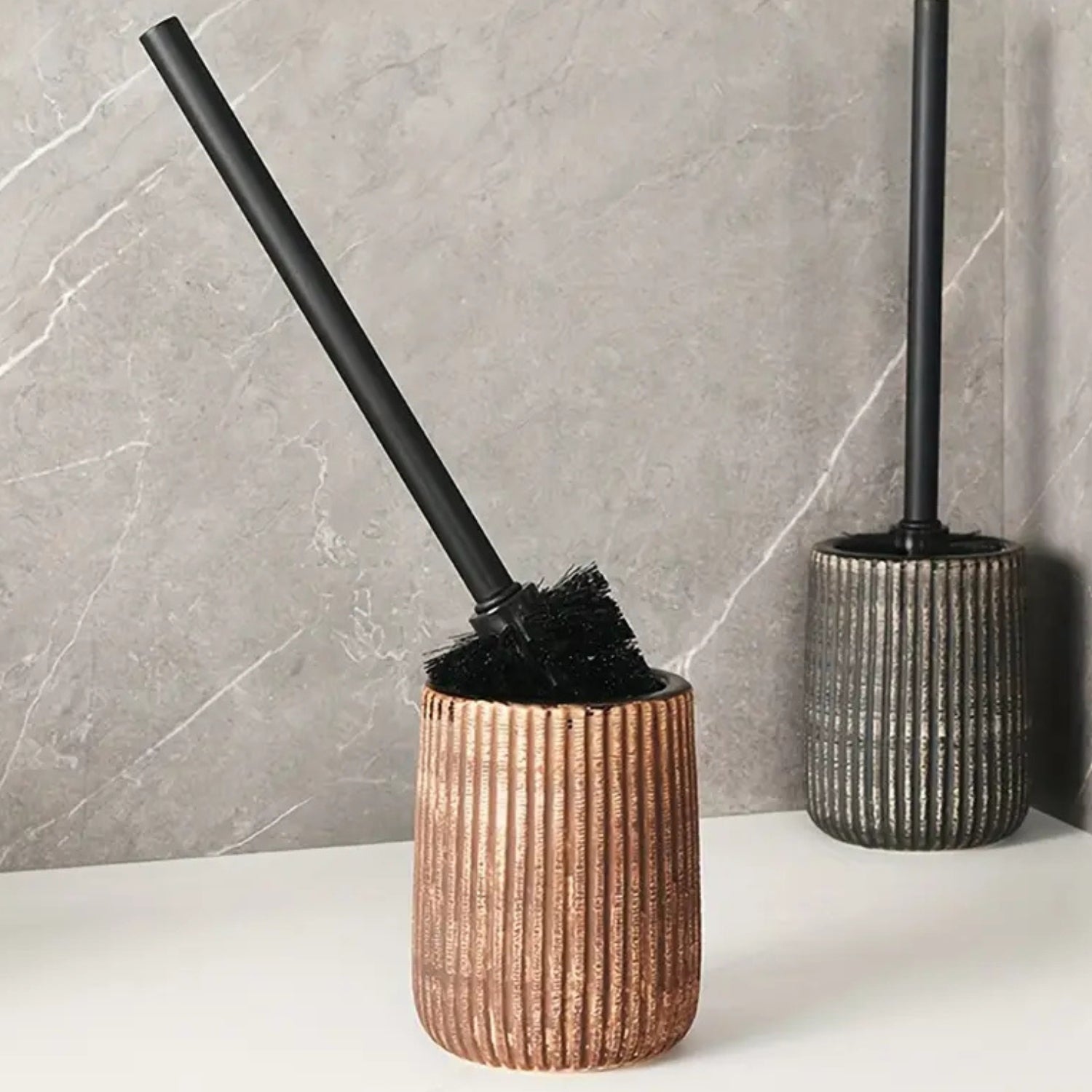 Textured Ceramic Toilet Brush Holder Set with Ribbed Design and Reusable Long-Handle Brush