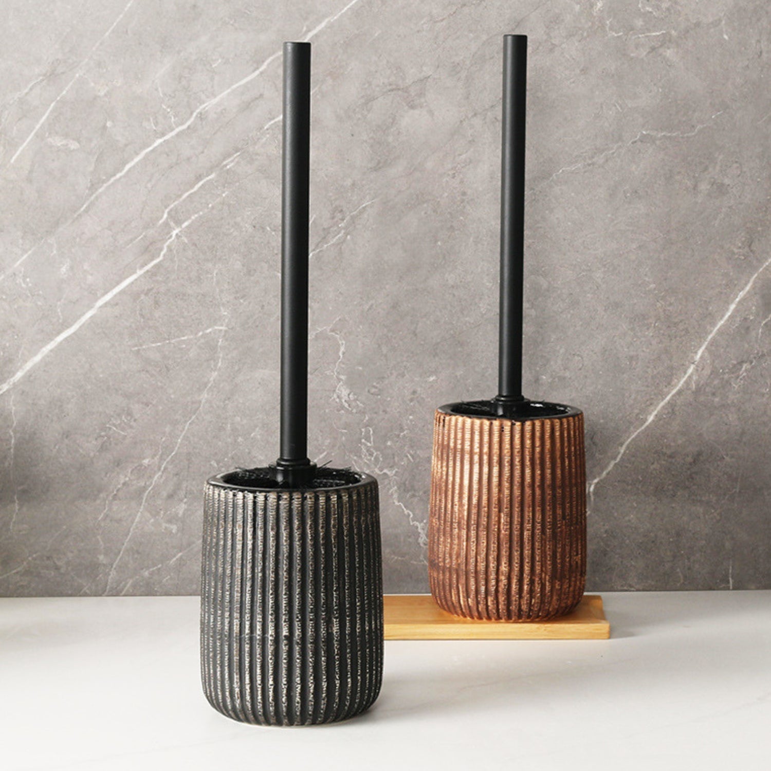 Textured Ceramic Toilet Brush Holder Set with Ribbed Design and Reusable Long-Handle Brush