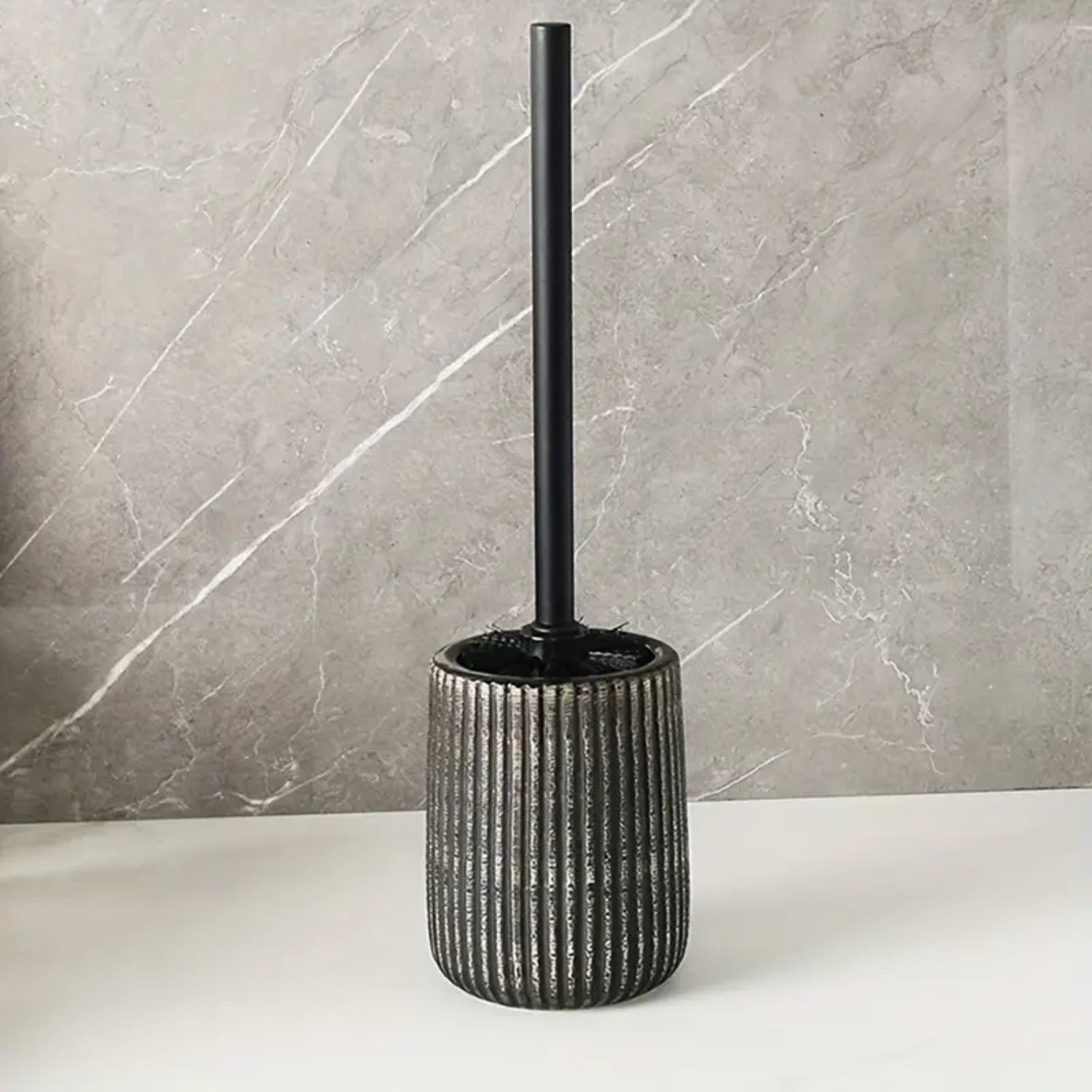 Textured Ceramic Toilet Brush Holder Set with Ribbed Design and Reusable Long-Handle Brush
