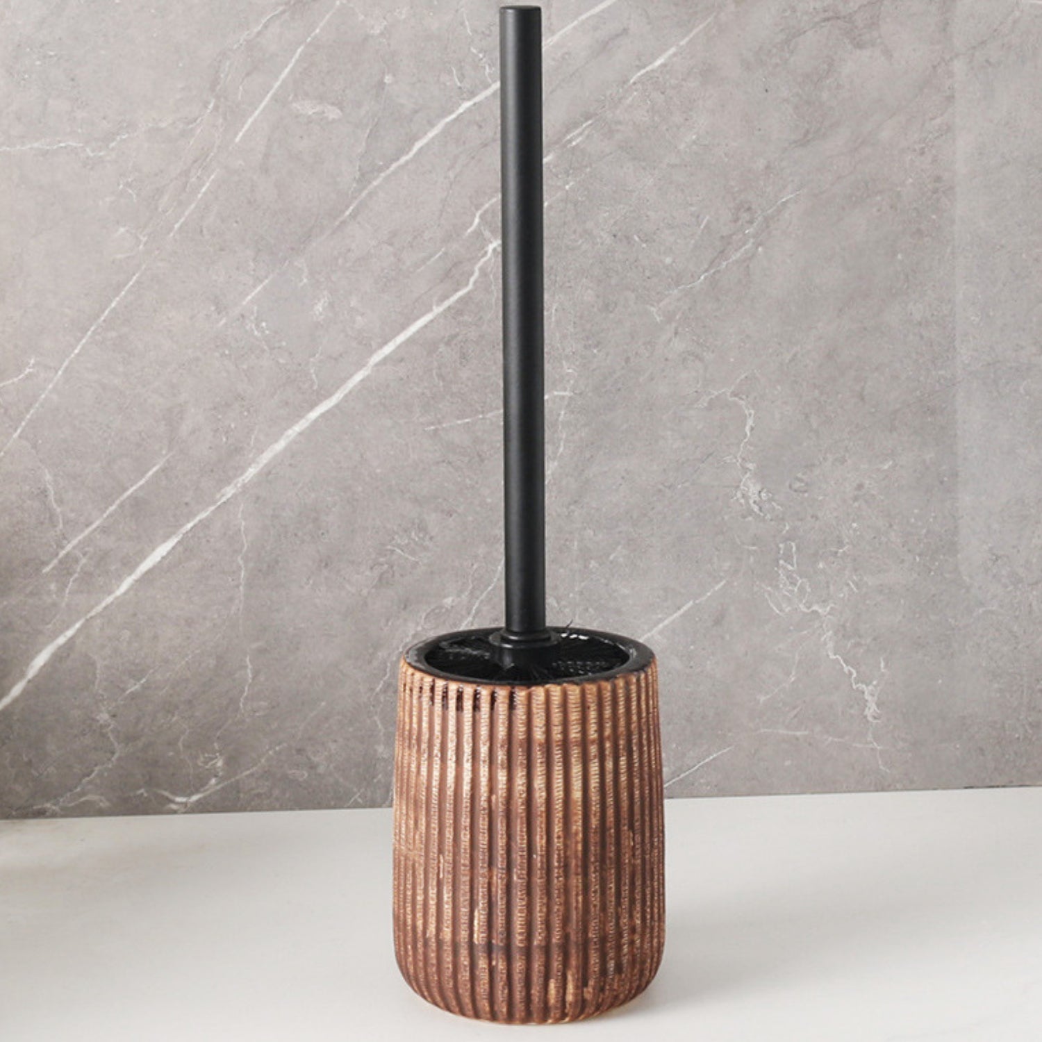 Textured Ceramic Toilet Brush Holder Set with Ribbed Design and Reusable Long-Handle Brush