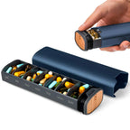 7-Day Weekly Pill Organizer Aluminum and Wood Pill Case with Secure Closure and 7 Compartments