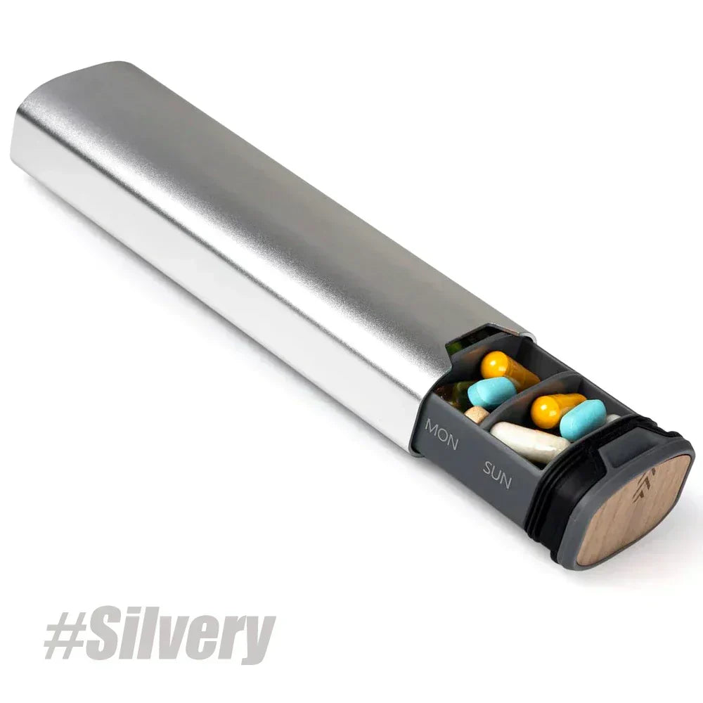 7-Day Weekly Pill Organizer Aluminum and Wood Pill Case with Secure Closure and 7 Compartments