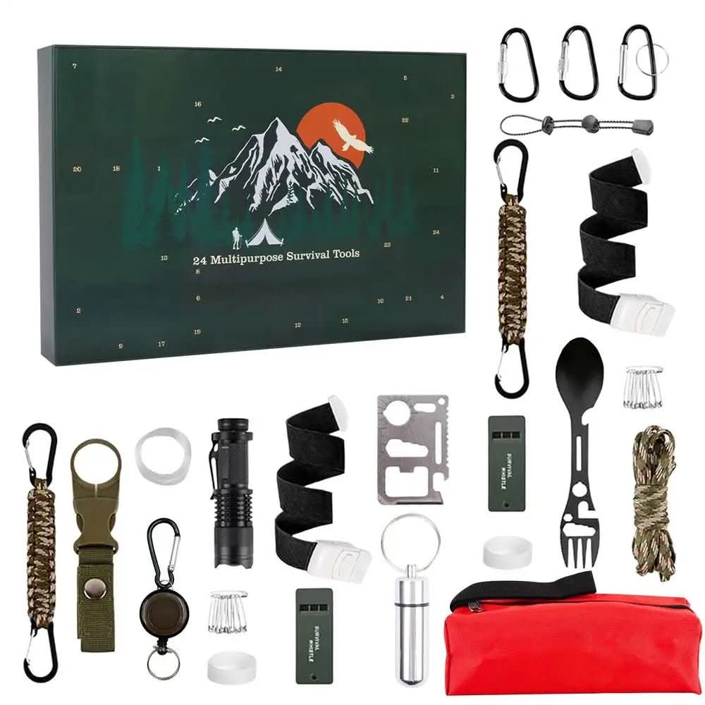 24 Day Outdoor Survival Gear Countdown Calendar with 24 Metal and ABS Camping Tools