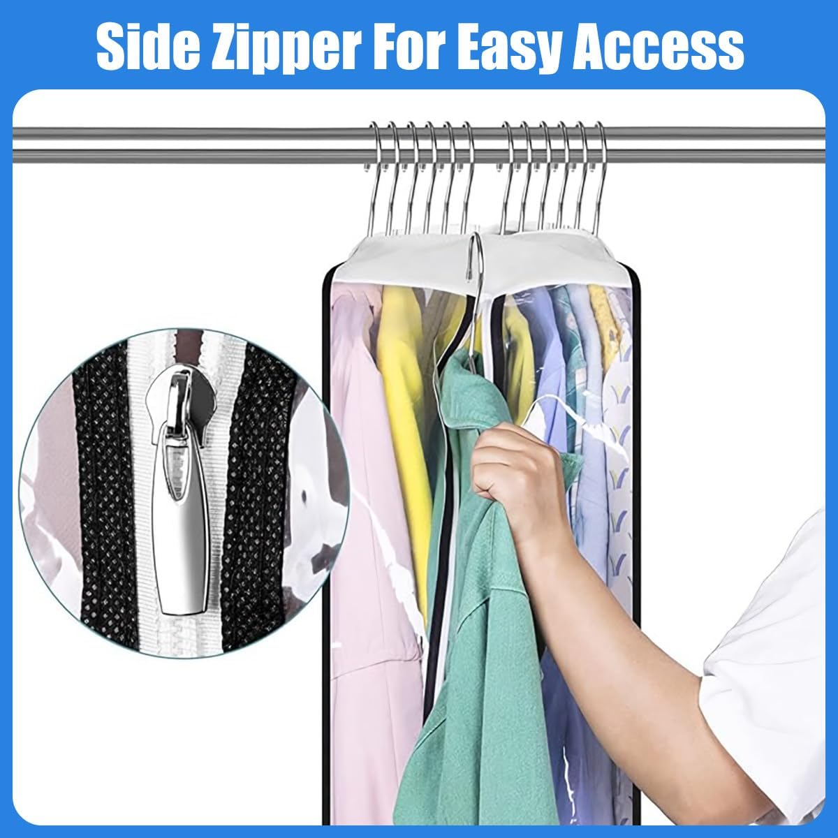 Transparent Garment Covers 6-Pack Waterproof PEVA Side Zipper Storage Bags for Suits Jackets Dresses