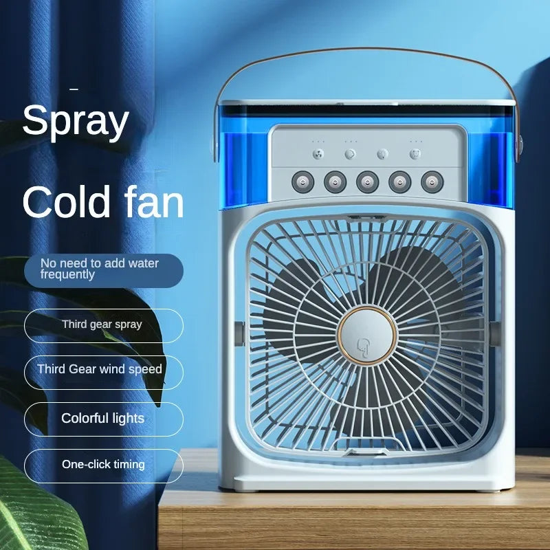 Portable Ice Mist Fan with 5 Nozzles, 3 Speeds, and 7 LED Light Colors - Ultra Cooling, Lightweight, Rechargeable
