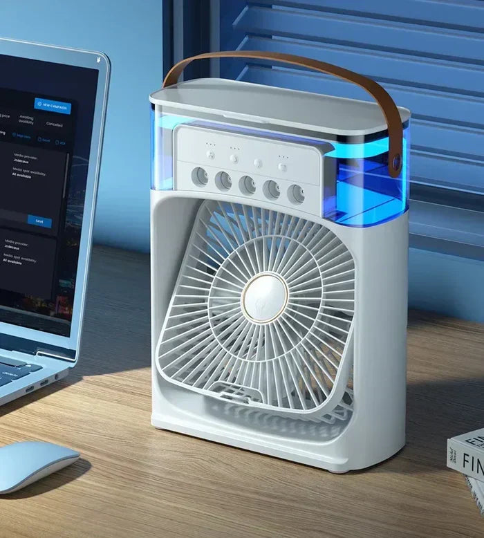 Portable Ice Mist Fan with 5 Nozzles, 3 Speeds, and 7 LED Light Colors - Ultra Cooling, Lightweight, Rechargeable