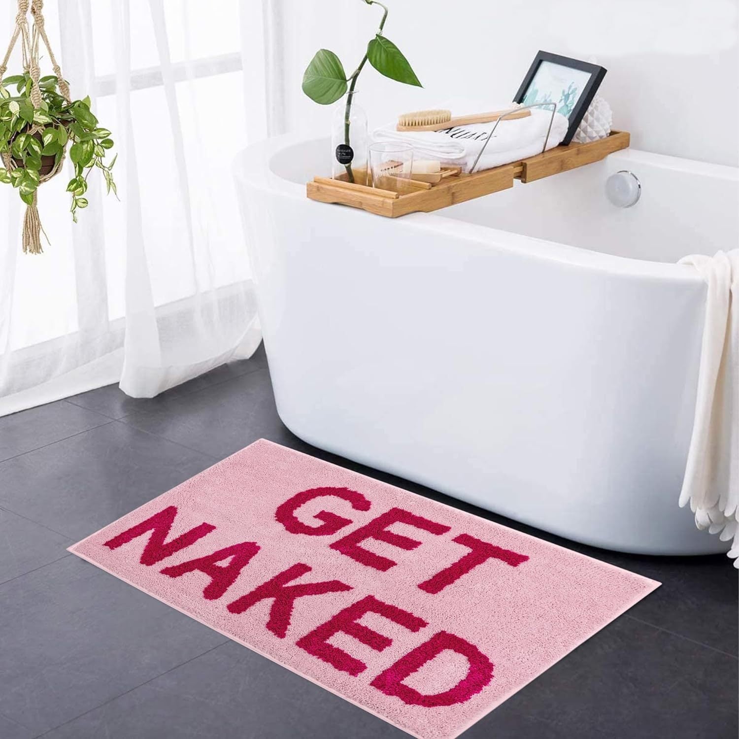 Get Naked Soft Tufted Bath Mat Absorbent Bathroom Rug with Playful Text Design