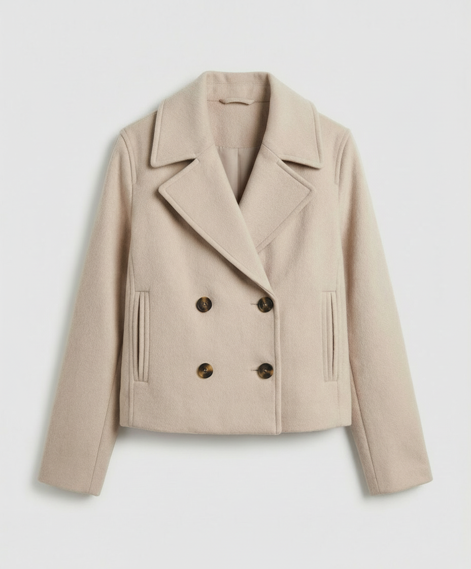 Cropped Double-Breasted Women's Jacket with Wide Lapel Collar and Side Pockets