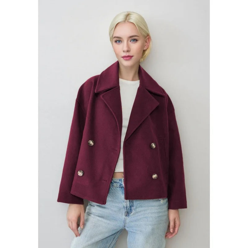 Cropped Double-Breasted Women's Jacket with Wide Lapel Collar and Side Pockets