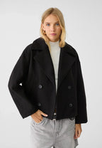 Cropped Double-Breasted Women's Jacket with Wide Lapel Collar and Side Pockets