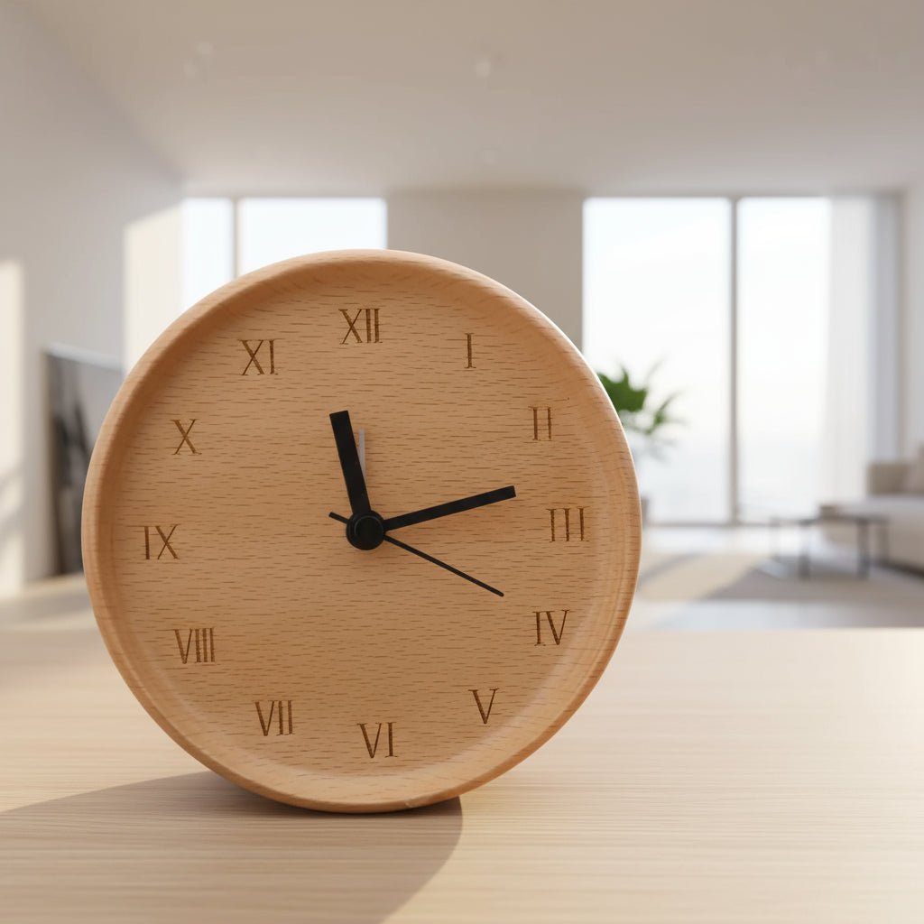 Elegant Beech Wood Alarm Clock Silent Analog Minimalist Design Natural Finish Battery Operated