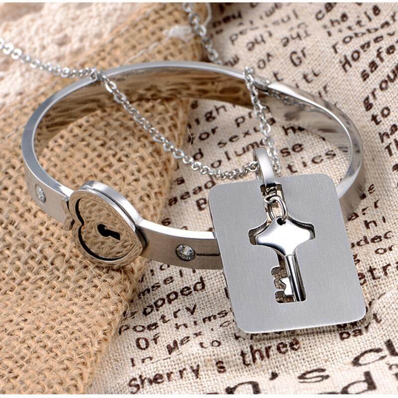 You Are The Key To My Heart Bracelet and Necklace Set Stainless Steel Matching Couples Jewelry Gift