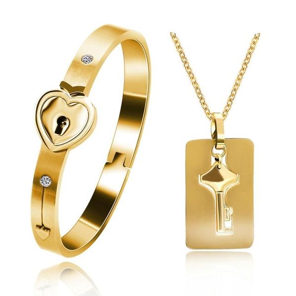 You Are The Key To My Heart Bracelet and Necklace Set Stainless Steel Matching Couples Jewelry Gift