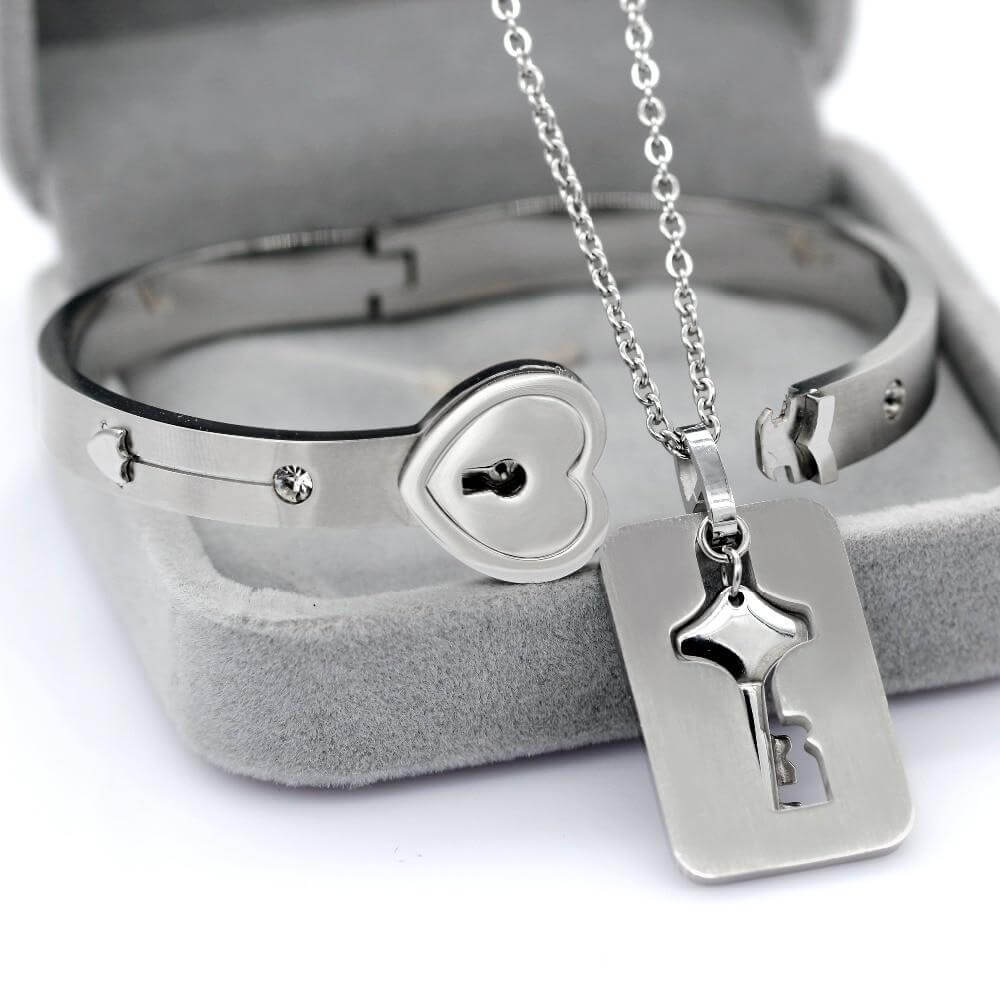 You Are The Key To My Heart Bracelet and Necklace Set Stainless Steel Matching Couples Jewelry Gift