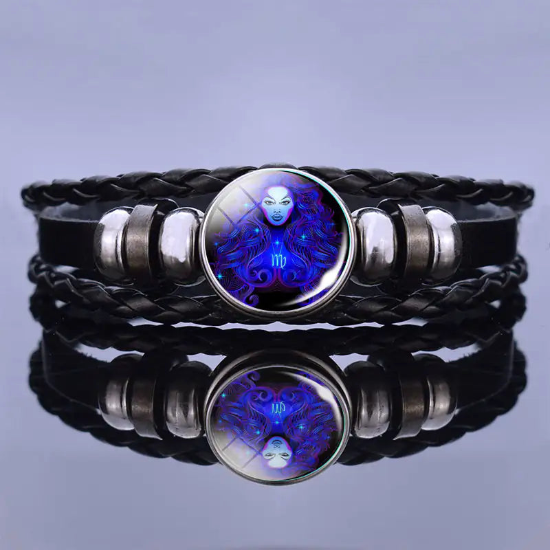 Astrology Charm Leather Bracelet with Lapis Lazuli and Sodalite Gemstones Constellation Jewelry