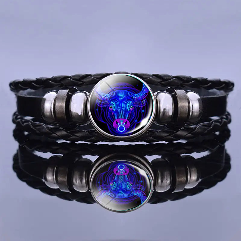 Astrology Charm Leather Bracelet with Lapis Lazuli and Sodalite Gemstones Constellation Jewelry