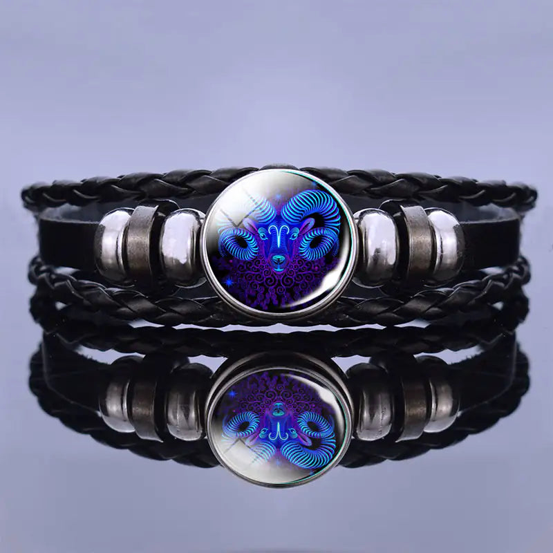Astrology Charm Leather Bracelet with Lapis Lazuli and Sodalite Gemstones Constellation Jewelry