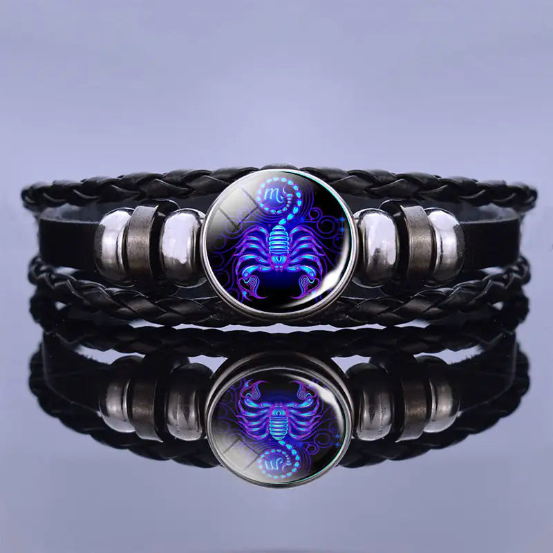 Astrology Charm Leather Bracelet with Lapis Lazuli and Sodalite Gemstones Constellation Jewelry