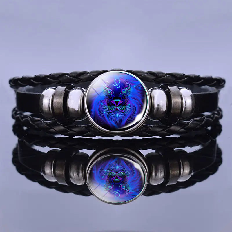 Astrology Charm Leather Bracelet with Lapis Lazuli and Sodalite Gemstones Constellation Jewelry