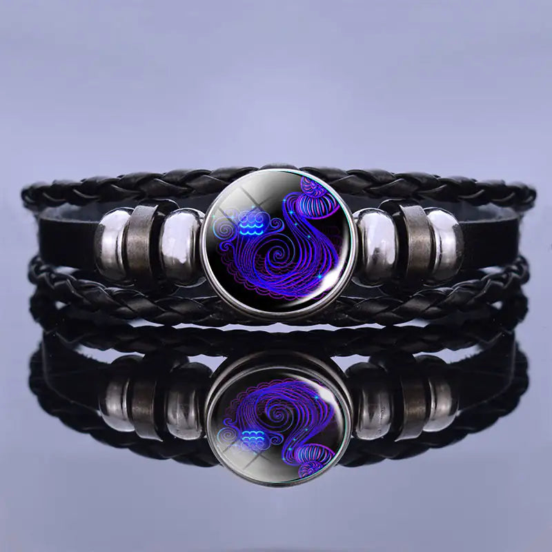 Astrology Charm Leather Bracelet with Lapis Lazuli and Sodalite Gemstones Constellation Jewelry