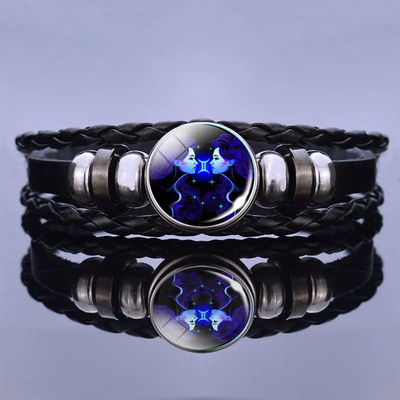 Astrology Charm Leather Bracelet with Lapis Lazuli and Sodalite Gemstones Constellation Jewelry