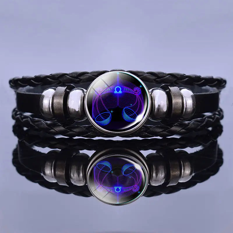 Astrology Charm Leather Bracelet with Lapis Lazuli and Sodalite Gemstones Constellation Jewelry