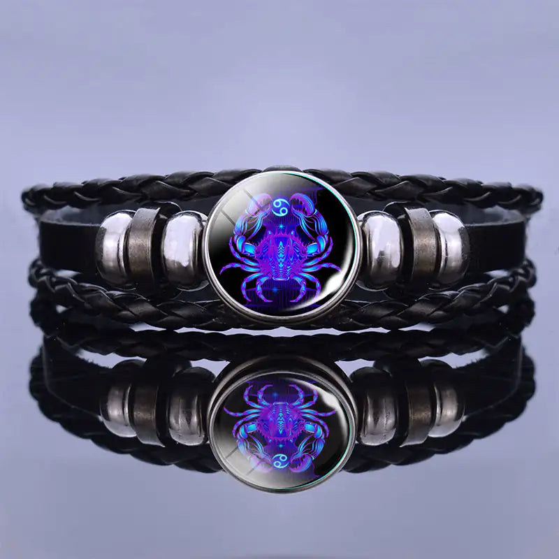 Astrology Charm Leather Bracelet with Lapis Lazuli and Sodalite Gemstones Constellation Jewelry
