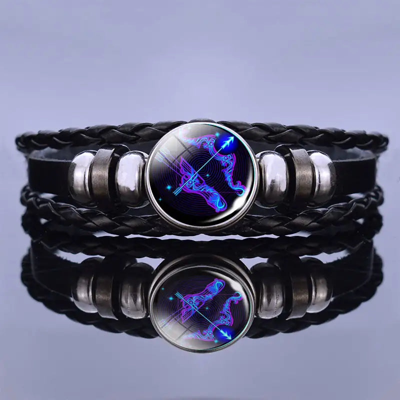 Astrology Charm Leather Bracelet with Lapis Lazuli and Sodalite Gemstones Constellation Jewelry