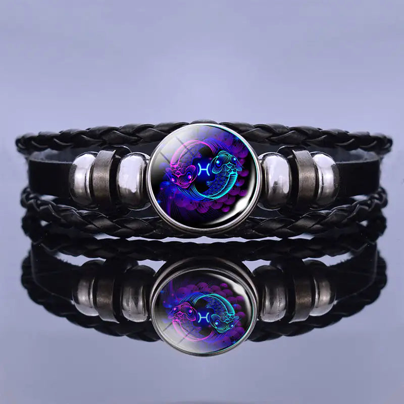 Astrology Charm Leather Bracelet with Lapis Lazuli and Sodalite Gemstones Constellation Jewelry